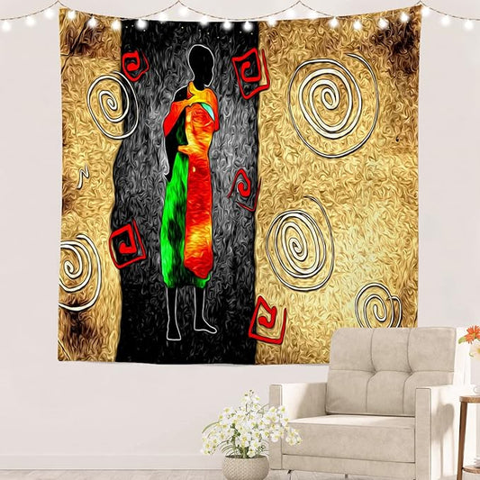 Batmerry African Ethnic Retro Tapestry,Vintage Motive Oil Landscape Fashion Wall Art Hanging Decoration Polyester Fiber White Ruffled Around for Dorm Room Bedroom Living Room, 59.1x59.1 inches
