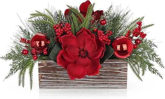 Christmas Centerpiece 11 Inch Artificial Norfolk Pine in Rustic Wooden Pot Flower Arrangement with Magnolia Flowers Pine Greenery Red Berries Ornaments for Dining Table Holiday Party Mantel Xmas Decor
