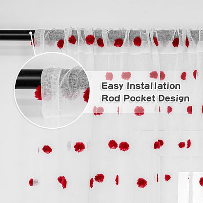 MYSKY HOME Red Pom Pom Curtains for Kitchen 45 Inch Long Bedroom Curtains Christmas Small Windows Light Filtering Sheer Curtains for Nursery Short Cafe Bathroom Privacy Rod Pocket 2 Panels 52 x 45 in