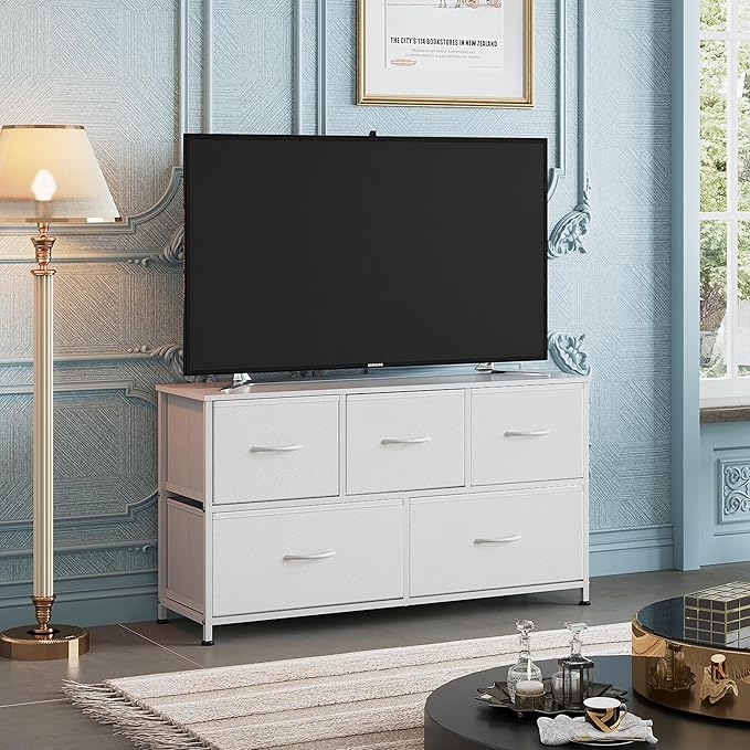 WLIVE Dresser for Bedroom with 5 Drawers, Wide Chest of Drawers, Fabric Dresser, Storage Organization Unit with Fabric Bins for Closet, Living Room, Hallway, White