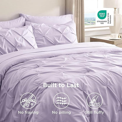 Bedsure King Size Comforter Set Light Purple - Bed in a Bag Bedding Set 7 Pieces, GentleSoft™ Pintuck Bed Set Gift for Family, Pinch Pleat Light Purple Comforter with Sheets, Pillowcases & Shams