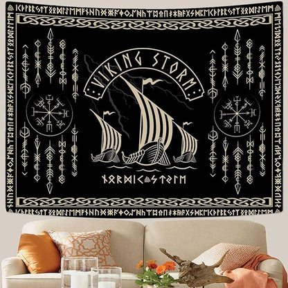 OSUNBD Viking Warship Tapestry Wall Hanging - Small 70x47 inches Storm & Celtic Runes on Soft Flannel Aesthetic Mythology Tapestries Norse Mythology Art for Bedroom, Living Room Decor