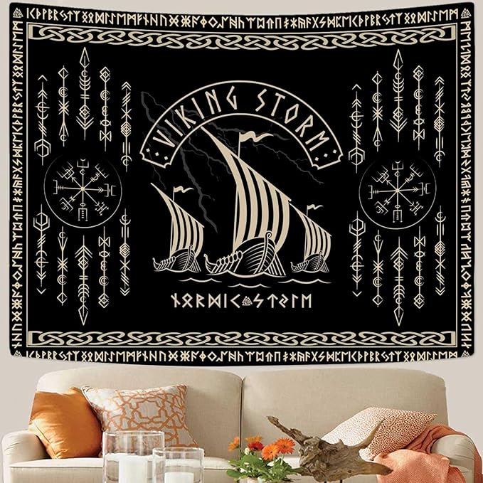 OSUNBD Viking Warship Tapestry Wall Hanging - Large 84x90 inches Storm & Celtic Runes on Soft Flannel Aesthetic Mythology Tapestries Norse Mythology Art for Bedroom, Living Room Decor