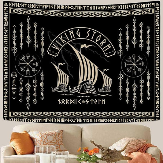 OSUNBD Viking Warship Tapestry Wall Hanging - Large 118x78 inches Storm & Celtic Runes on Soft Flannel Aesthetic Mythology Tapestries Norse Mythology Art for Bedroom, Living Room Decor