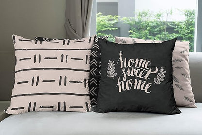Ambesonne Modern Throw Pillow Cushion Case Pack of 4, Scandinavian Minimal Ornaments Boho Feather Leaves and Home Phrase, Modern Accent Double-Sided Digital Printing, 16", Pale Tan and Charcoal Grey