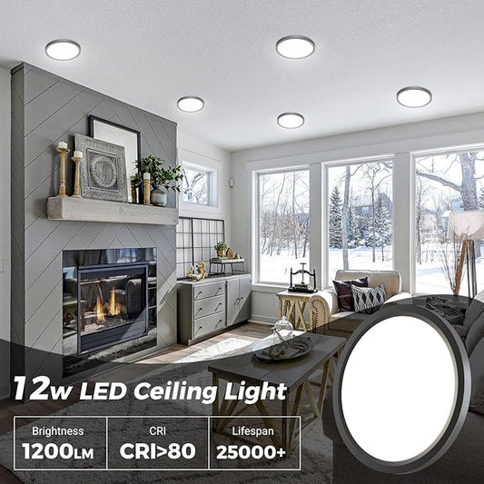 zemty 8Pack LED Ceiling Light Fixture 6.5 Inch, 12W 1200lm Ceiling Mount Light Fixtures, Adjustable 3000K 4000K 6500K, Round Flat Ceiling Lamp for Bathroom Closet Hallway Laundry (Black)