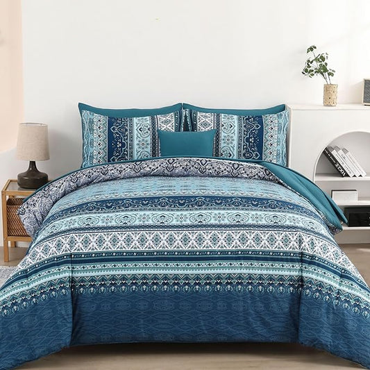 Boho Full Size Comforter Set 8 Pieces, Teal Blue Comforter Bohemian Striped Bed in A Bag, Soft Microfiber Bedding Set for All Seasons