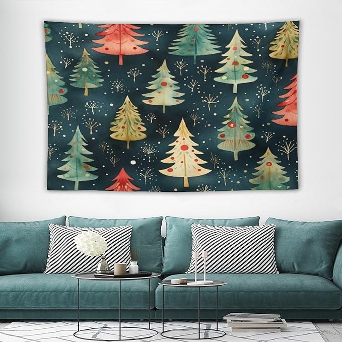 Vintage Christmas Tree Watercolor Tapestry As Wall Art Hello Winter Holiday Tapestry Vintage Aesthetic Tapestries Landscape Tapestry Home Decor for Room 40"x60" Tapestries Winter Snowflake Decorative