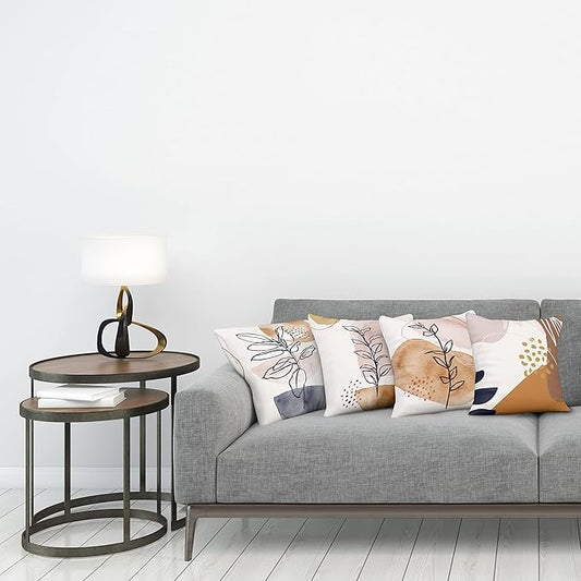 Ambesonne Minimal Throw Pillow Cushion Case Pack of 4, Modern Line Art Plants Leaves Branches with Abstract Watercolor Details, Modern Accent Double-Sided Digital Printing, 18", Rose Umber and Indigo