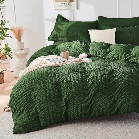 HYMOKEGE Dark Green King Size Comforter Set Seersucker 7 Pieces, All Season Luxury Bed in a Bag for Bedroom, Bedding Set with Comforters, Sheets, Pillowcases & Shams