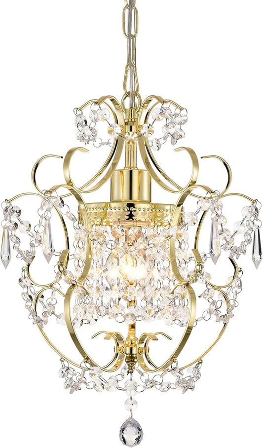 Small Crystal Chandelier for Bedroom, 90% Pre-Assembled 1 Light Gold Chandelier, Mini Acrylic Crystal Ceiling Light Fixture Charming for Girls Room, Closet, Bathroom, Entryway, Dining Room