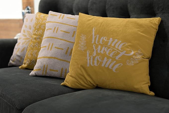 Ambesonne Modern Throw Pillow Cushion Case Pack of 4, Scandinavian Minimal Ornaments Boho Feather Leaves and Home Phrase, Modern Accent Double-Sided Digital Printing, 20", Pale Tan and Earth Yellow