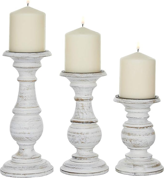 Deco 79 Mango Wood Decorative Candle Holder Turned Style Pillar Candle Stand, Set of 3 Candlestick Holder 10", 8", 6”H, White