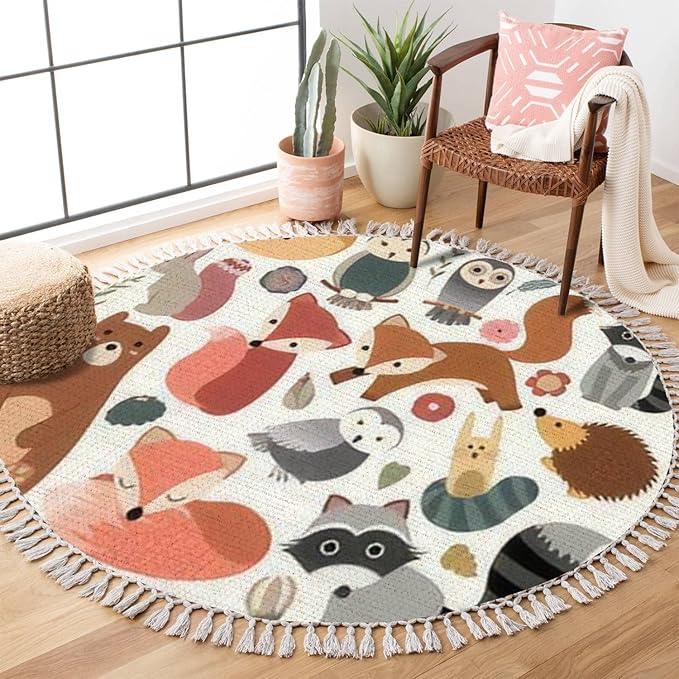 Round Rugs Woodland Animals Cute Forest Design Elements Boho Area Rug Linen and Cotton Carpet Meditation Rug Washable Hallway Runner Mat Accent Rug for Bedroom Bathroom 4ft, Multi1