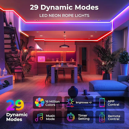 100FT LED Neon Rope Lights, Flexible Led Rope Lights Control with App/Remote, IP67 Outdoor RGB Color Changing Led Neon Lights Waterproof, Music Sync Led Strip Neon Lights for Bedroom Decor