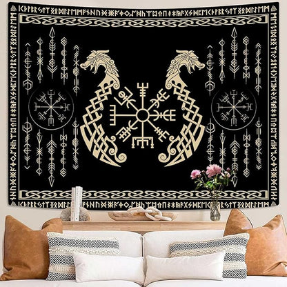 OSUNBD Nordic Vikings Tapestry, Small 7047 inches Soft Flannel, Vegvsir Symbol Twins Dragons Celtic Rune Scandinavian Aesthetic Mythology Tapestry Wall Hanging for Bedroom Living Room Decor