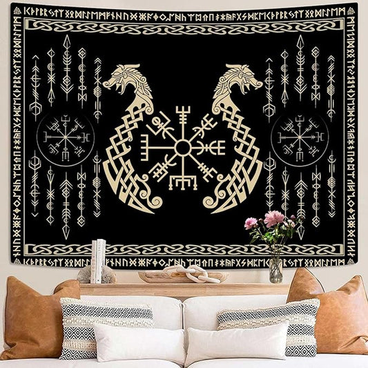 OSUNBD Nordic Vikings Tapestry, Large 10890 inches Soft Flannel, Vegvsir Symbol Twins Dragons Celtic Rune Scandinavian Aesthetic Mythology Tapestry Wall Hanging for Bedroom Living Room Decor