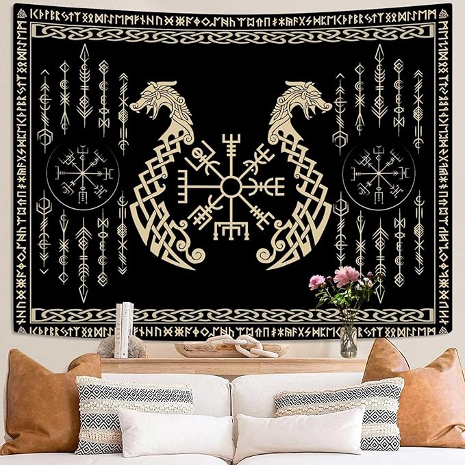 OSUNBD Nordic Vikings Tapestry, Large 9371 inches Soft Flannel, Vegvsir Symbol Twins Dragons Celtic Rune Scandinavian Aesthetic Mythology Tapestry Wall Hanging for Bedroom Living Room Decor