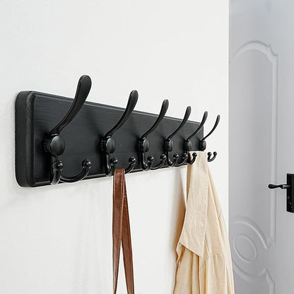 Dseap Coat Rack Wall Mounted - 24" Long 6 Tri Hooks, Heavy Duty Wooden Wall Coat Hanger Coat Hook for Clothes Hat Jacket Clothing, Black, Pack of 2