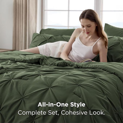 Bedsure Full Comforter Set Olive Green - Bed in a Bag Full Size Bedding Set 7 Pieces, GentleSoft™ Pintuck Bed Set Gift for Family, Pinch Pleat All Season Comforter with Sheets, Pillowcases & Shams