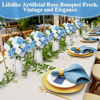 Zeyune 8 Pack 12 Inch Wedding Bouquets for Bride Bridesmaid Blue and White Artificial Rose Bouquet Fake Silk Roses Flowers Bunches Bulk for Home Office Garden Parties Decoration