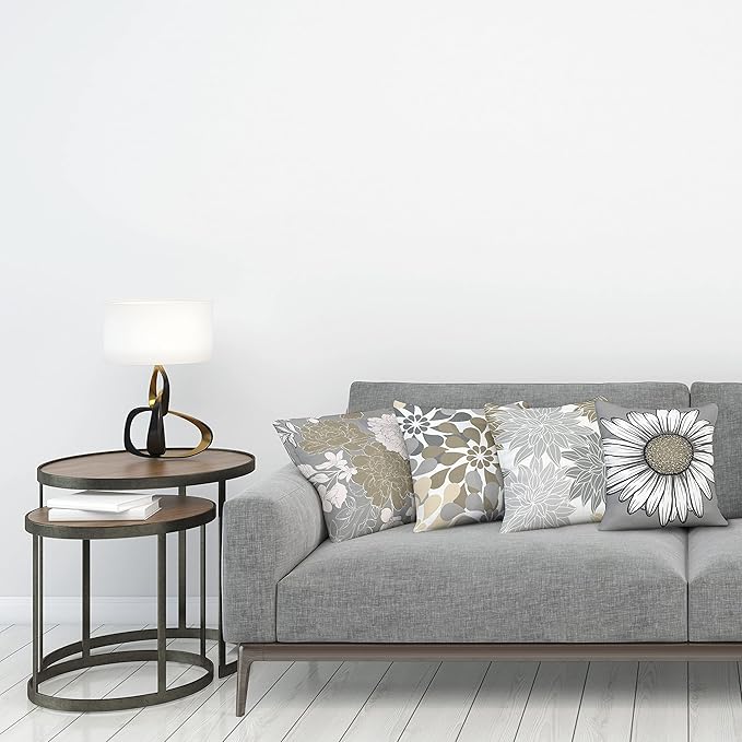 Ambesonne Floral Throw Pillow Cushion Case Pack of 4, Flower Petals Modern Color Palette Chamomile Peony Dahlia and Sunflower Print, Modern Accent Double-Sided Digital Printing, 20", Slate Brown Grey
