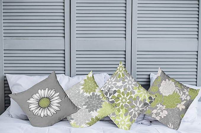 Ambesonne Floral Throw Pillow Cushion Case Pack of 4, Flower Petals Color Palette Chamomile Peony Dahlia and Sunflower, Accent Double-Sided Digital Printing, 20", Grey Pastel Green