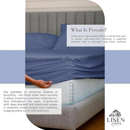 Linen Home 100% Cotton Percale Sheets Twin Size, Dark Blue, Deep Pocket, 3 Pieces Set - 1 Flat, 1 Deep Pocket Fitted Sheet and 1 Pillowcase, Crisp Cool and Strong Bed Linen