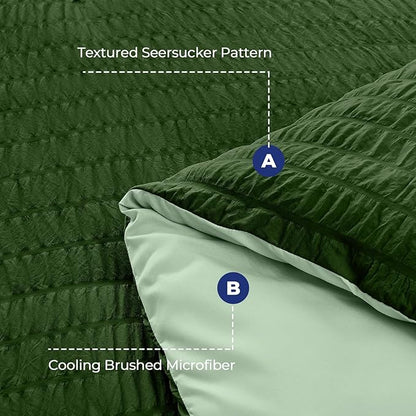 HYMOKEGE Dark Green/Sage Green Queen Comforter Set Seersucker 7 Pieces, All Season Luxury Bed in a Bag Queen for Bedroom, Bedding Set with Comforter, Sheets, Pillowcases & Shams
