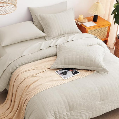 CozyLux Queen Comforter Set Oatmeal Seersucker 7 Pieces Bed in a Bag Queen Comforter Set with Sheets Luxury Soft Bedding Set with Down Alternative Comforter, Sheets, Pillowcases & Shams for All Season