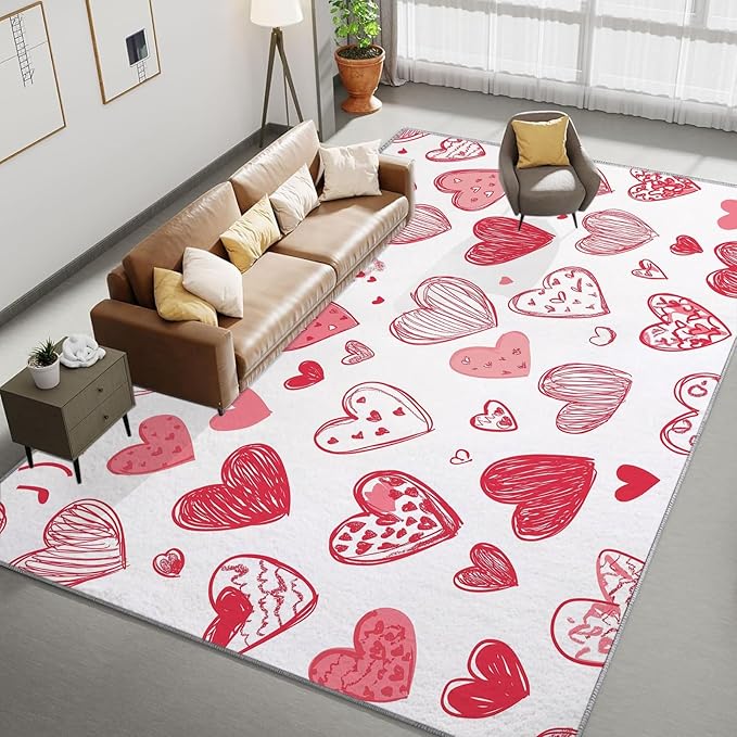 Area Rugs for Living Room 5x8 ft Cartoon Hand-Painted Red Love Washable Area Rug, Non Slip Floor Carpet, Ultra Soft Low Pile Rugs, for Bedroom, Dining Room, Office, Home Decor Rug