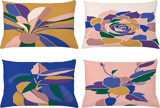 Ambesonne Floral Throw Pillow Cushion Case Pack of 4, Abstract Flowers and Petals with Exotic Vibes Colorful Modern Style, Modern Accent Double-Sided Printing, 20" x 12", Rose Dark Violet Mustard