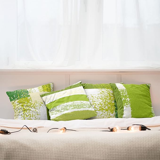 Ambesonne Grunge Throw Pillow Cushion Case Pack of 4, Abstract Design Simplistic Minimal Stripes Brushstrokes Contemporary, Modern Accent Double-Sided Digital Printing, 24", Lime Green Cream and White
