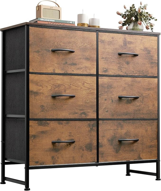 WLIVE 6 Drawer Dresser for Bedroom, Fabric Double Dresser, Storage Tower with Fabric Bins, Chest of Drawers for Closet, Living Room, Hallway, Rustic Brown Wood Grain Print