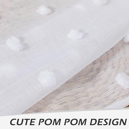 MYSKY HOME White Curtains for Living Room 90 Inch Length Long Pom Pom Curtains for Bedroom Sheer Curtain for Nursery Windows Rod Pocket Privacy Drapes Dining Room 52" x 90" 2 Panels