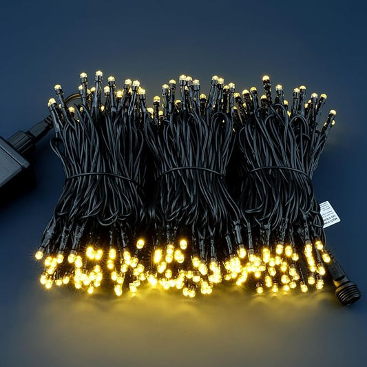 YULETIME 100 ft 300 Count Warm White LED String Lights with 8 Models Adapter, Black Wire Wide Angle 5mm Christmas Lights (Warm White - Black Wire)