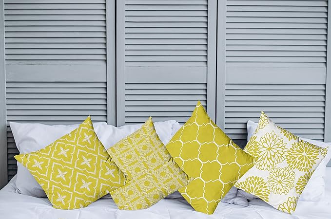 Ambesonne Vintage Throw Pillow Cushion Case Pack of 4, Monochrome Design Grid Trellis Quatrefoil Mesh and Dahlia Flowers Modern Print, Modern Accent Double-Sided Digital Printing, 16", Yellow White