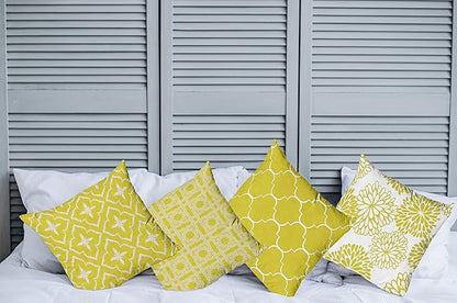 Ambesonne Vintage Throw Pillow Cushion Case Pack of 4, Monochrome Design Grid Trellis Quatrefoil Mesh and Dahlia Flowers Modern Print, Modern Accent Double-Sided Digital Printing, 16", Yellow White