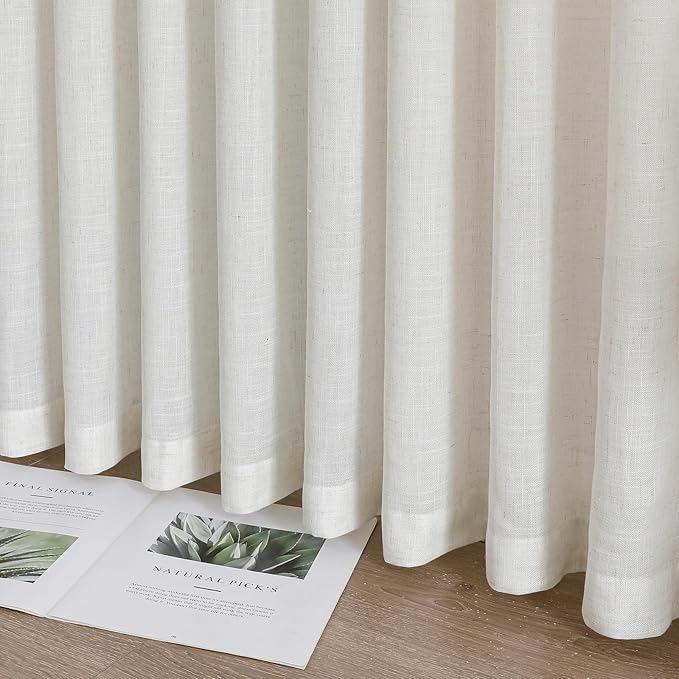 Neutral Linen Sheer Pinch Pleated Sliding Door Curtains, 2x50 Inches Width, Ivory Beige Light Filtering Drapes 84 Inches Long, Textured Modern Farmhouse Window Curtain Panels