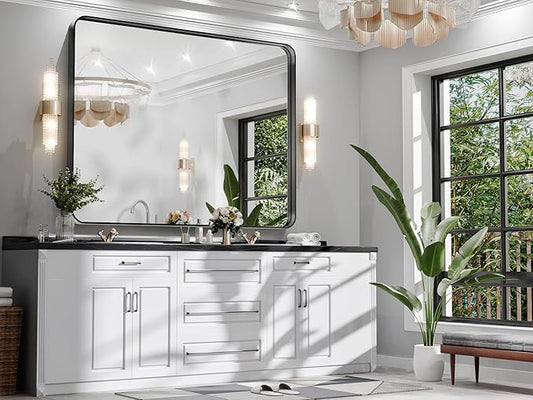 Hasipu Black Bathroom Wall-Mounted Mirror 50x40 Inch Rounded Rectangle Vanity Mirror Metal Framed Wall Mirrors Anti-Rust Surface Mount Over Sink (Hangs Horizontal or Vertical)