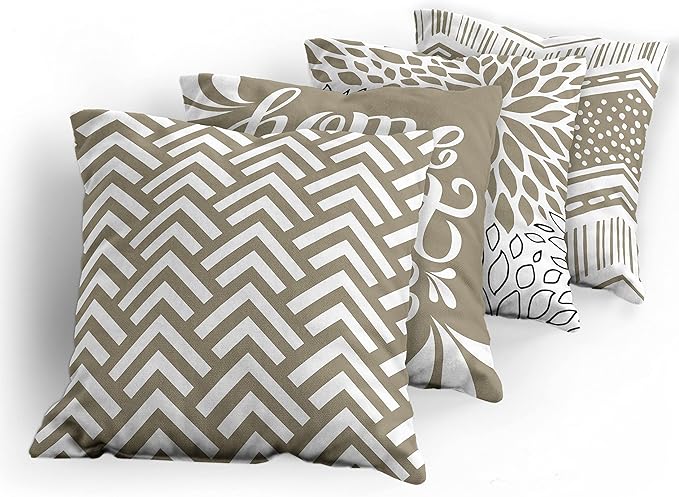 Ambesonne Geometric Throw Pillow Cushion Case Pack of 4, Home Phrase Minimal Zigzag Squama Dahlia Flowers Chevron Tribal, Modern Accent Double-Sided Digital Printing, 16", Cocoa White Charcoal Grey