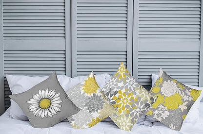 Ambesonne Floral Throw Pillow Cushion Case Pack of 4, Flower Petals Modern Color Palette Chamomile Peony Dahlia and Sunflower Print, Modern Accent Double-Sided Digital Printing, 16", Yellow and Grey