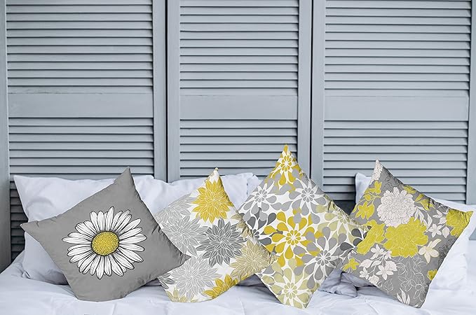 Ambesonne Floral Throw Pillow Cushion Case Pack of 4, Flower Petals Modern Color Palette Chamomile Peony Dahlia and Sunflower Print, Modern Accent Double-Sided Digital Printing, 20", Yellow and Grey