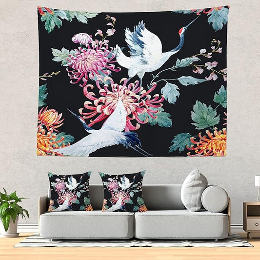 Batmerry Red Green Cranes Floral Leaves Tapestry, Traditional Japanese Watercolor Sytle Design Tapestry for Living Room Bedroom Wall Hanging Decorative 51.2x59.1 Inch