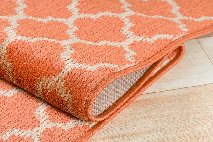 Custom Size Moroccan Trellis Runner Rug Mat for Wide Hallway Entryway Kitchen Laundry Room with Slip Resistant Latex Rubber Backing, Trellis Orange, 31 inch X 15 feet