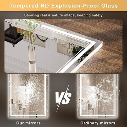 36''x36'' Lighted Mirrors for Bathroom Wall Backlit + Front Lit, Rectangular LED Bathroom Mirror Frameless with Lights Anti Fog, Dimmable, 3 Colors,Tempered Glass, Shatter-Proof