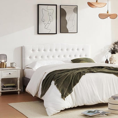 Tufted Upholstered Headboard King Size, Sturdy & Durable Solid Wood Bed headboard, Fabric Headboard Adjustable Height from 37” to 51”, Modern Button Diamond Design Head Board, White