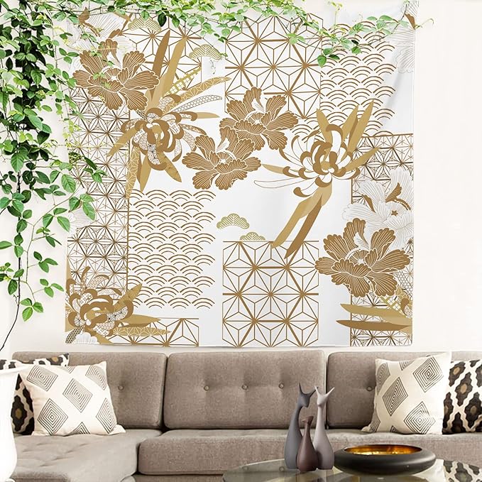 Batmerry Gold Japanese Floral Tapestry,Spring Wall Art Hanging Decoration Polyester Fiber White Ruffled Around for Dorm Room Bedroom Living Room, 59.1x59.1 inches