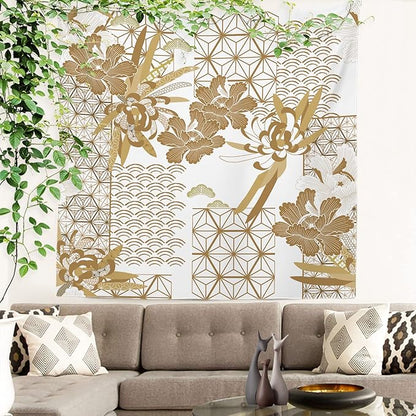 Batmerry Gold Japanese Floral Tapestry,Spring Wall Art Hanging Decoration Polyester Fiber White Ruffled Around for Dorm Room Bedroom Living Room, 59.1x59.1 inches