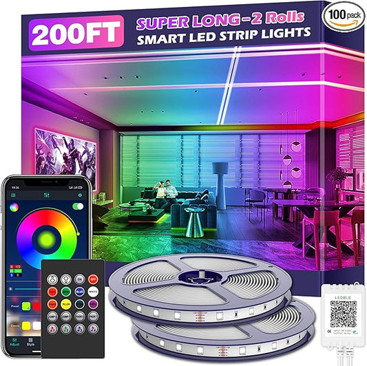 Led Strip Lights,Long Smart Led Light Strips Music Sync 5050 RGB Color Changing Rope Lights,Bluetooth APP/IR Remote/Switch Box Control Led Lights for Bedroom,Home Decoration,Party,Festival (200FT)